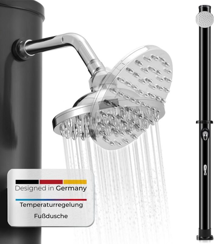 Solardusche Victoria - bis 60°C – mit schwenkbarem Duschkopf, Fußdusche & Gartenschlauch Anschluss Gartendusche Außendus...