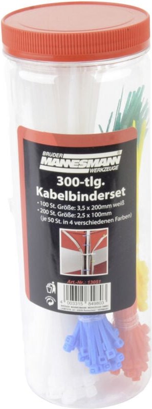 Brüder Mannesmann - M13051 Kabelbinder 100 mm, 200 mm Weiß, Rot, Grün, Gelb, Blau 300 St.