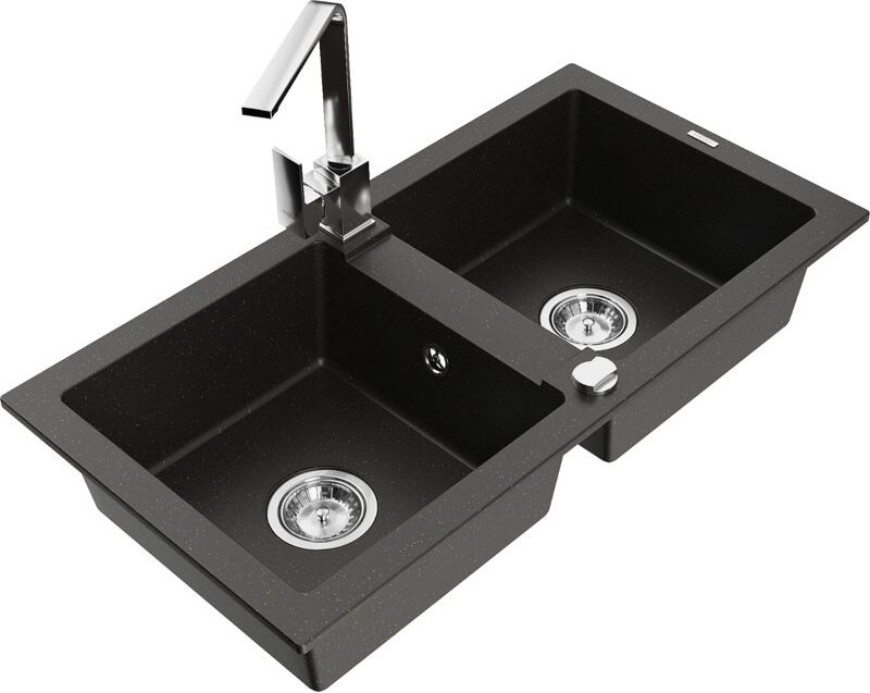 Mario 2-Becken-Granitspüle mit Mischbatterie Rita, Schwarz/Gold metallisch - 6504-75-670300-00 - Mexen