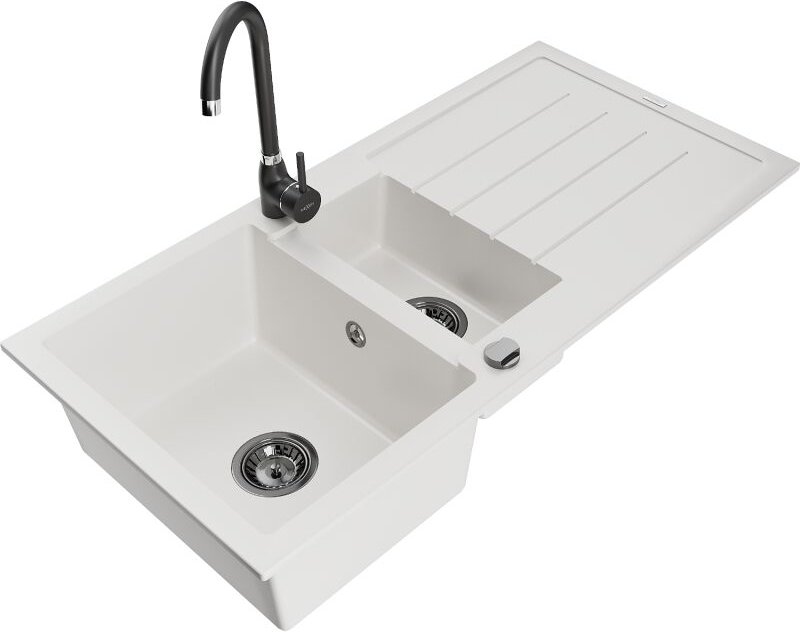 Andres 1,5-Becken-Granitspüle mit Abtropffl√§che und Mischbatterie Telma, Wei√ü - 6515-20-670200-70 - Mexen