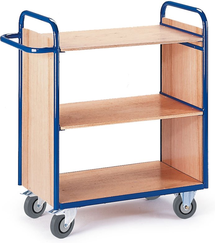 Etagenwagen mit 2 Wänden 1070mm hoch und 3 Ladeflächen 800x500mm im Buchendekor ohne Rand