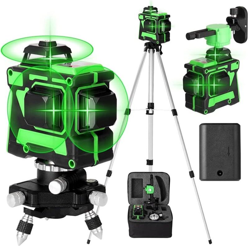 Ej.life - Grüner selbstnivellierender Laser Level 3 x 360°, 12 Linien 3D Konstruktionslaser, Selbstnivellierend, 2 x Akk...