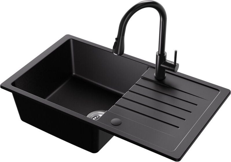 Granitspüle-Sets, 78 x 45 cm Küchenspüle mit Abtropffläche, schwarze Küchenarmatur mit ausziehbarer Brause, 2 Sprühmodi