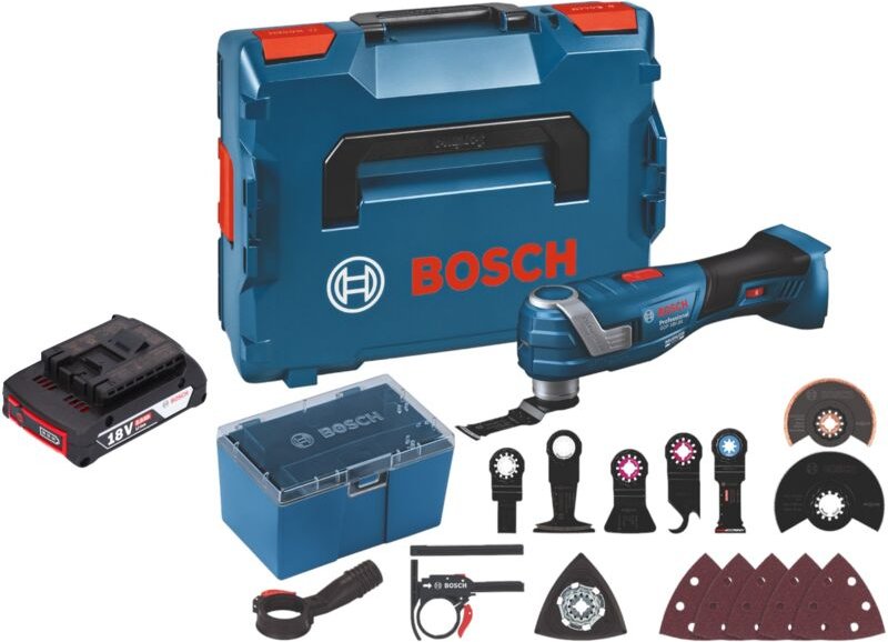Bosch GOP 18V-34 Professional Akku Multi Cutter 18 V Starlock Plus + 1x Akku 2,0 Ah + 17 tlg. Zubehör + L-Boxx - ohne La...
