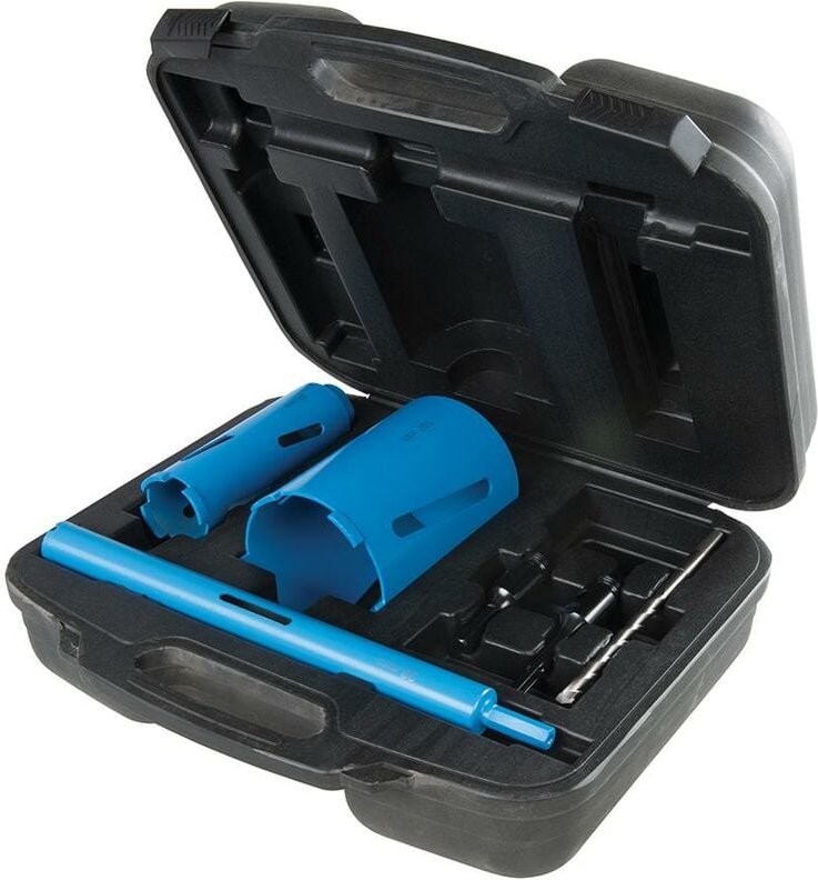 Drei Diamantbohrkronen mit Zubehör, 7-tlg. Satz 28, 52 u. 107 mm