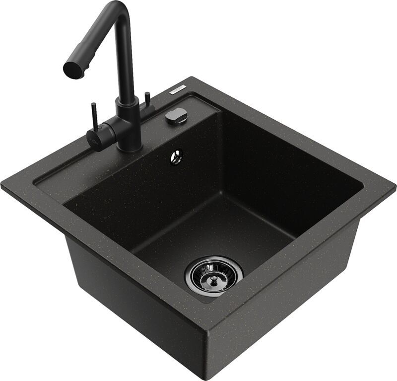 Vito 1-Becken-Granit-Spüle mit Mischbatterie Duero, Schwarz/Gold metallisch - 6503-75-671600-7 - Mexen