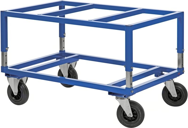 Kongamek Palettenwagen in rot höhenverstellbar 655mm hoch ohne Bremse für Paletten 1200x1000mm