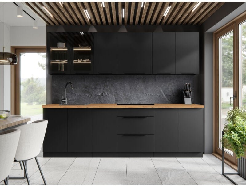 FURNIX Küchenmöbel Set Linares 260 cm mit Hängeschränken Mattschwarz/Artisan