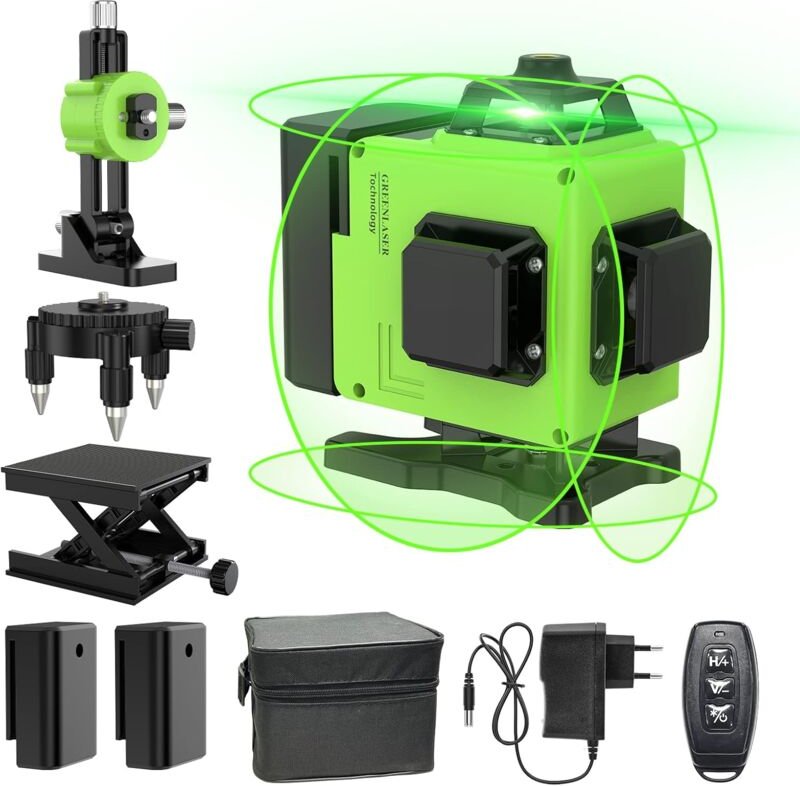 360°x 4 Laser-Wasserwaage, selbstnivellierende grüne Laser-Wasserwaage für Baustellen mit 3D-Vertikal- und Horizontal-Kr...