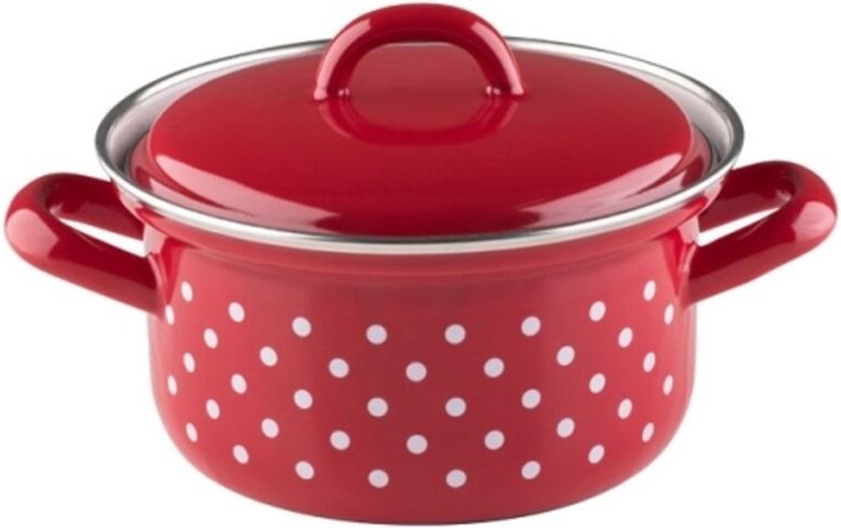 Riess Kasserolle mit Deckel Ø12cm 0,5L Pünktchen Rot Emaille