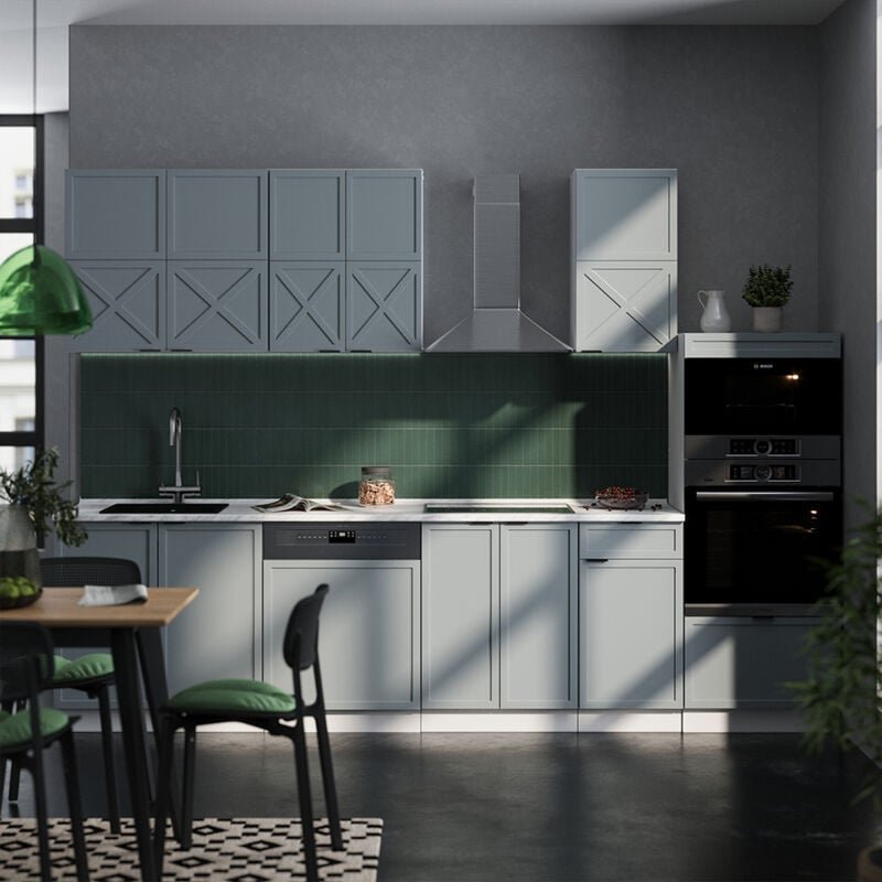 Küchenzeile Fame-Line, Hellblau-grau/Weiß, 300 cm mit Hochschrank, AP Anthrazit, Vicco