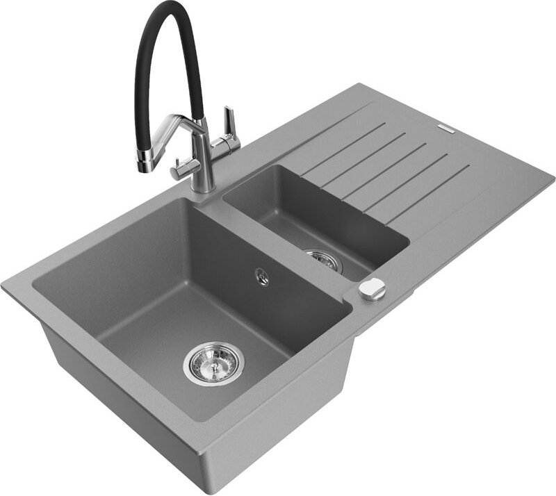 Matias 1,5-Becken-Granitspüle mit Abtropffläche und Mischbatterie Duo, Grau - 6502-71-671701-0 - Mexen