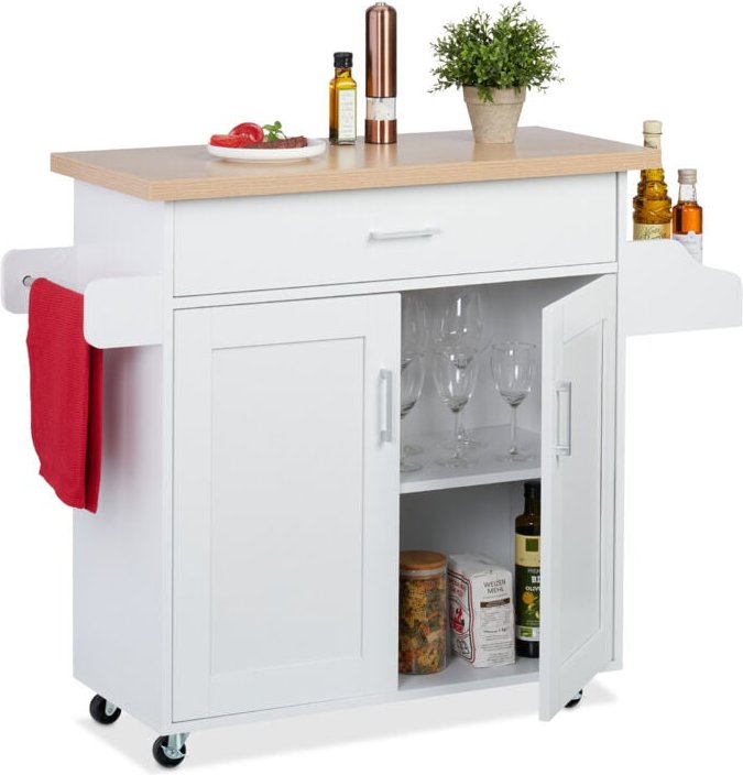 Küchenwagen, Arbeitsplatte, Schublade, 2 Fächer, Gewürz- & Handtuchhalter, hbt: 90x114,5x39,5 cm, weiß/natur - Relaxdays