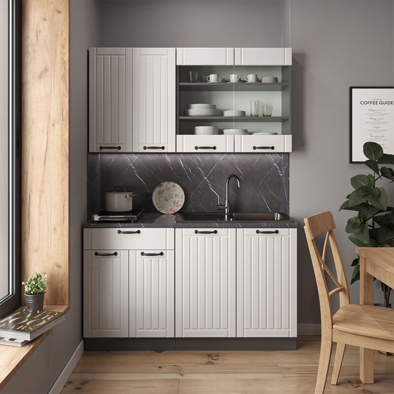 Vicco - Singleküche Fame-Line, Weiß Landhaus/Anthrazit, 140 cm ohne Arbeitsplatte