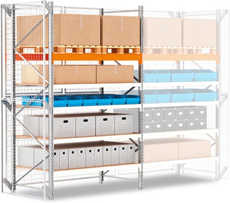 Gesicherte Palettenregale 4 Ebenen + Paletten 2 Ebenen - Höhe 4500mm - Länge 5400mm - RAYOHYBS/5N/4554