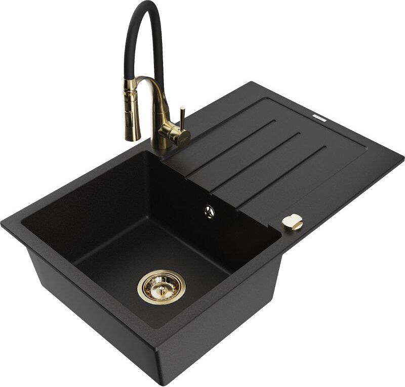 Bruno 1 Becken-Granitspüle mit Abtropffl√§che und Mischbatterie Aster, Schwarz - 6513-77-73450-57-G - Mexen