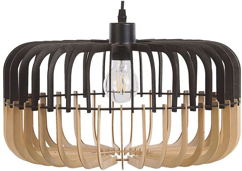 Hängeleuchte heller Holzfarbton/Schwarz MDF-Platte/ Metall mit Schirm in Trommelform skandinavischer Stil für Kücheninse...