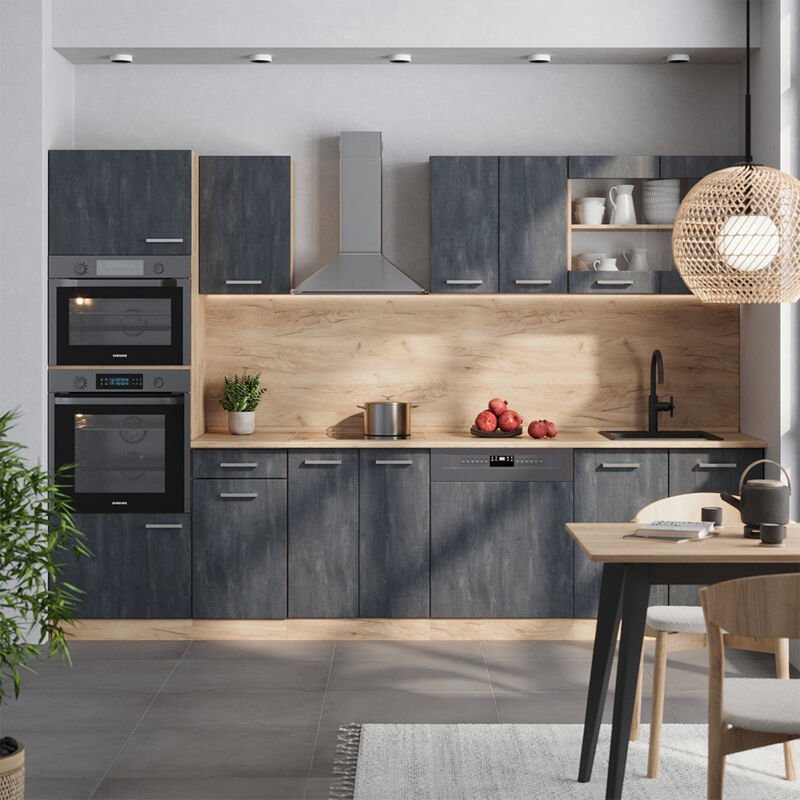 Vicco - Komplettküche R-Line, Schwarz Beton/Goldkraft Eiche, 300 cm ohne Arbeitsplatte