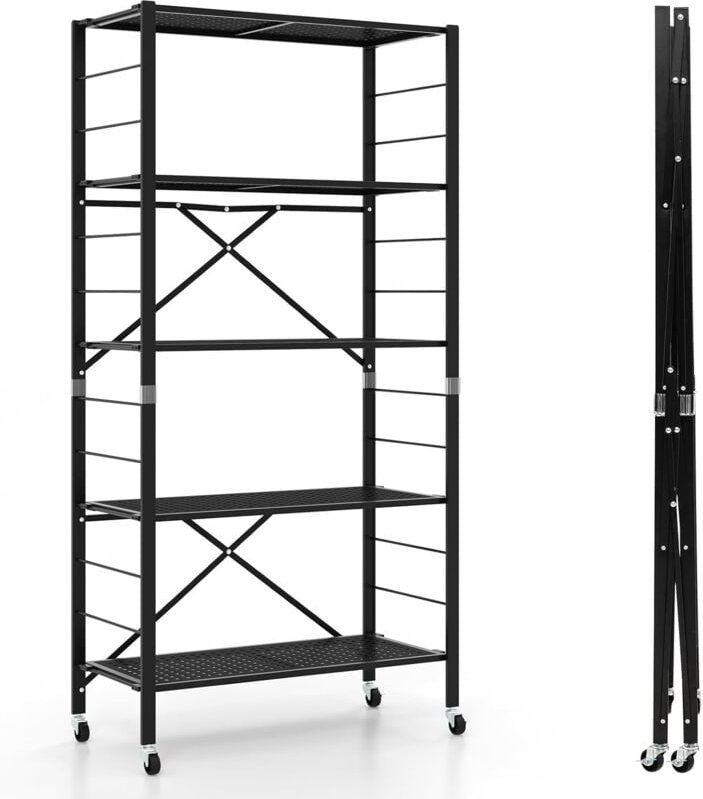 5 Stufiges klappbare Lagerregal mit Rädern, 3 in 1 Küchenregal diy mit höhenverstellbaren Ablagen, freistehender Aufbewa...