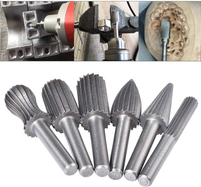 Qersta - 6 Stück Doppelschnitt-Wolfram-Frässtifte, 6 mm Wolframschaft, Feil-/Gravur-/Schleif-Bits für Drehwerkzeuge