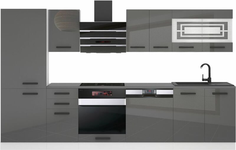 Belini Küchenzeile Küchenblock Cindy - Küchenmöbel 300 cm Einbauküche Vollausstattung ohne Elektrogeräten mit Hängeschrä...