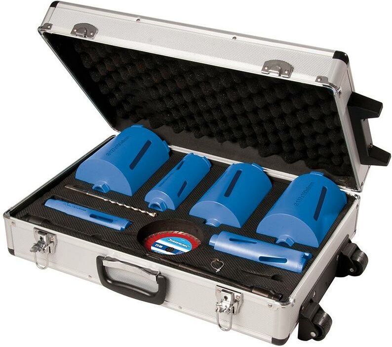 Sechs Diamantbohrkronen mit Zubehör, 12-tlg. Satz ø 38, 52, 65, 107, 117 u. 127 mm