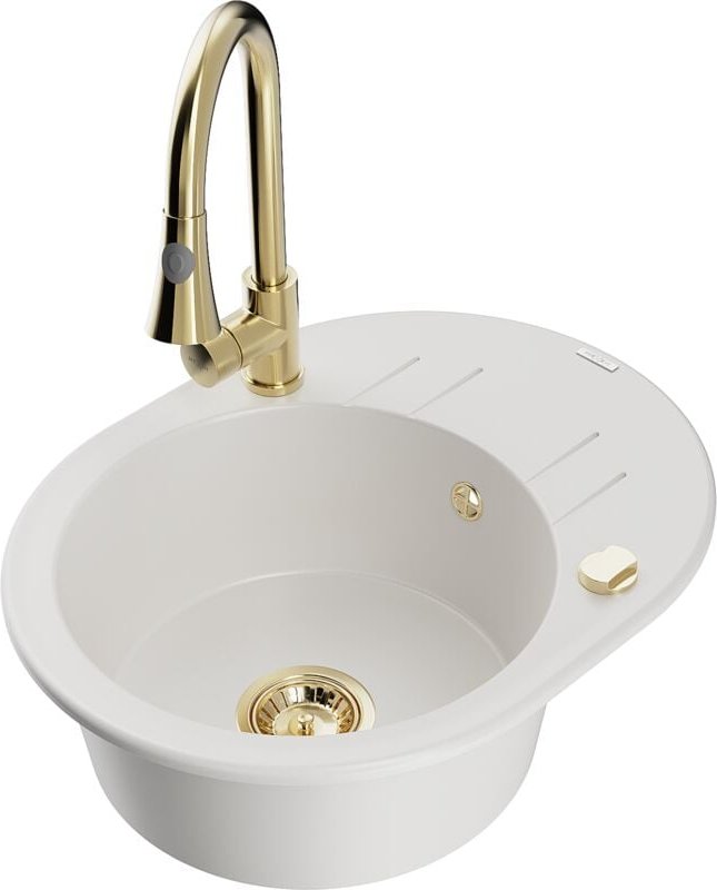 Kevin 1 Becken-Granitspüle mit Abtropffläche und Mischbatterie Elia, Weiß - 6517-20-670101-50 - Mexen