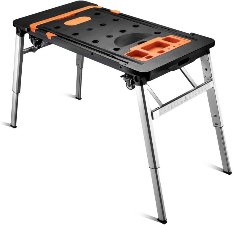 Thumbnail - Wiltec - 7 in 1 Werkbank 108,5 x 55 x 52 cm bis max. 250 kg vereint Sägebock, Gerüst, Arbeitsplattform, Rollbrett, Trans...