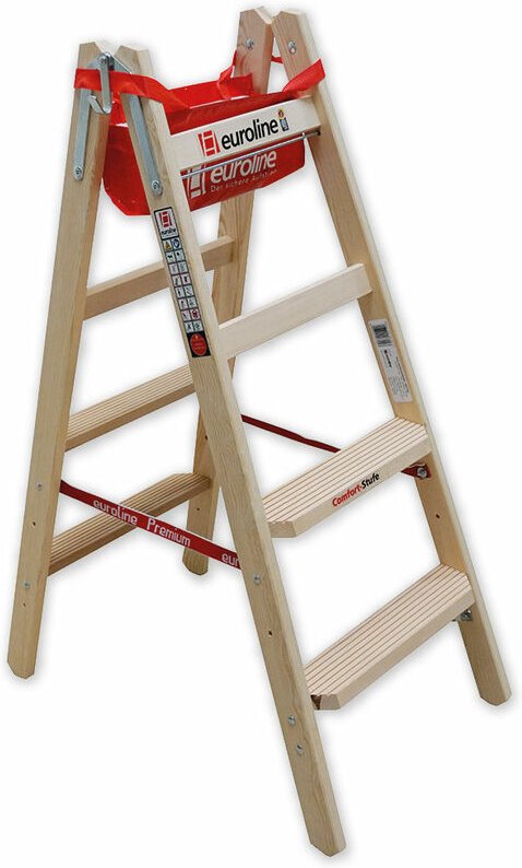 Euroline Holz Stufenstehleiter mit Comfort-Stufen mit Werkzeugablage 2x4 Stufen