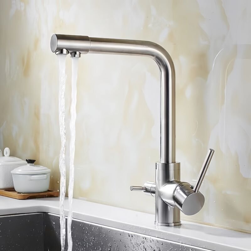 Dreiwege-Küchenarmatur, Goldfilter-Küchenarmatur, 360° drehbare Küchenarmatur mit 2 Griffen (Silber)