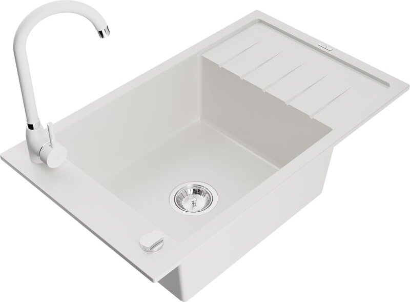 Elias 1 Becken-Granitspüle mit Abtropffläche und Mischbatterie Telma, Weiß - 6511-20-670200-20 - Mexen