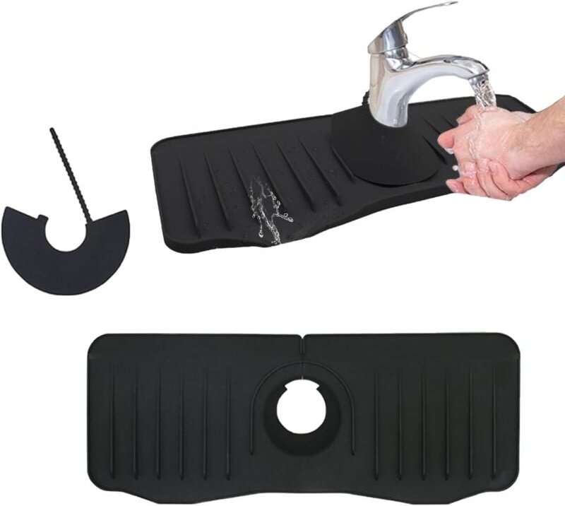 Thumbnail - Ahlsen - Schwarze Wasserhahnmatte, Silikon-Abflussmatte für Waschbecken, spritzwassergeschützte Wasserhahn-Griffschale, ...