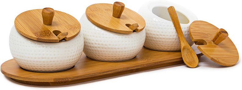 Relaxdays - Gewürzhalter jiao, Keramik/Bambus, HxBxT:8,5x30,5x12cm, Gewürzdosen mit Deckel & Halter, natur