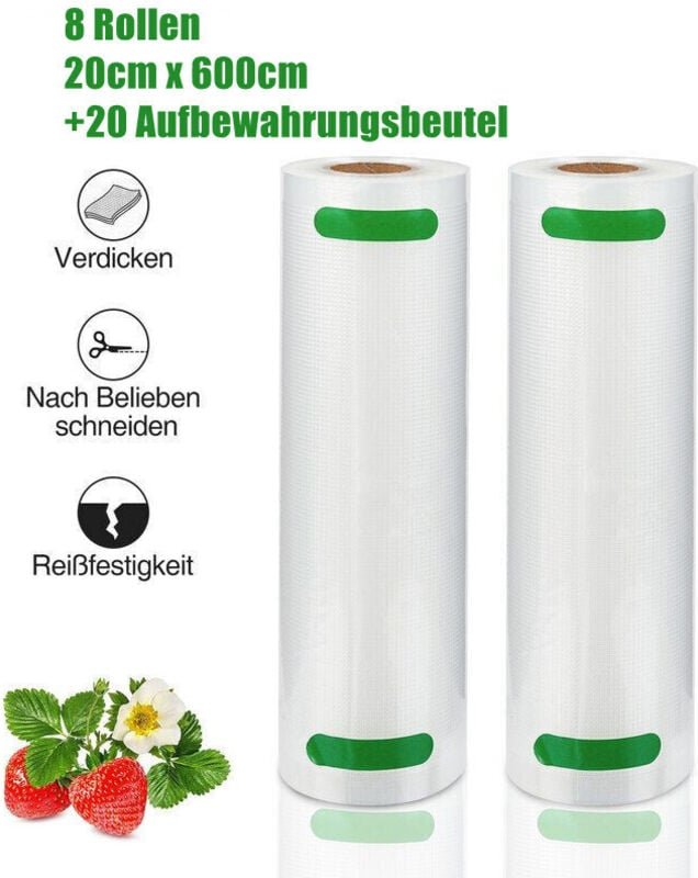 8x Vakuumrollen Vakuumbeutel 20 x 600 cm Vakuumfolie Vakuumierfolie Vakuumier +20x Beutel