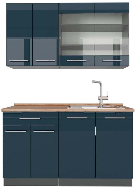 Vicco - Singleküche Fame-Line, Dunkelblau Hochglanz/Anthrazit, 140 cm , ap Eiche