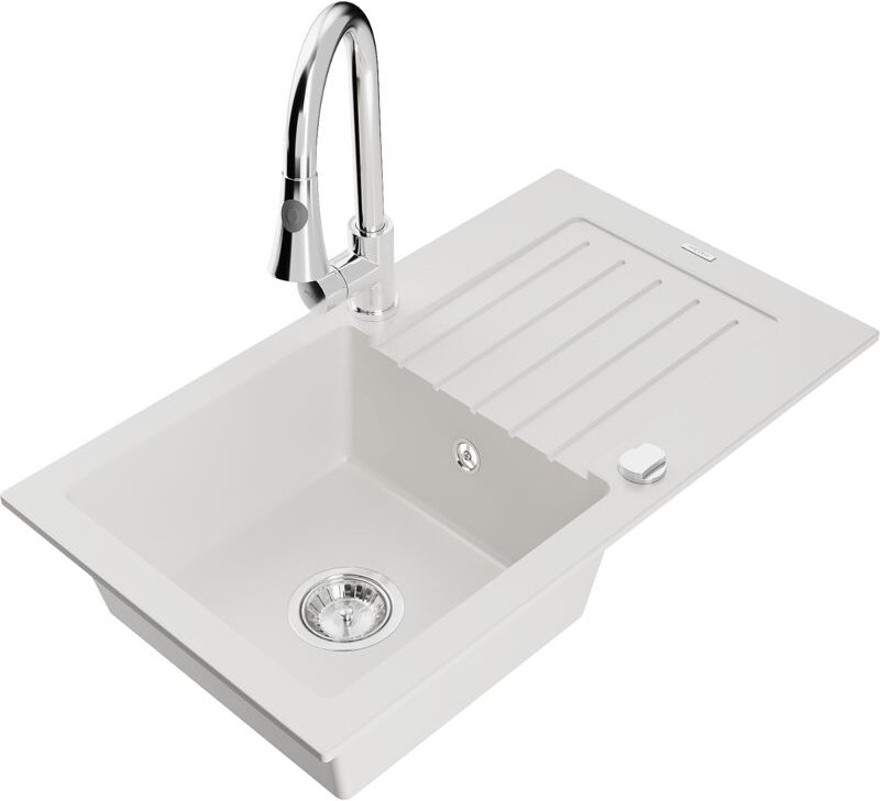 Pablo 1 Becken-Granitspüle mit Abtropffläche und Mischbatterie Elia, Weiß - 6510-20-670101-00 - Mexen