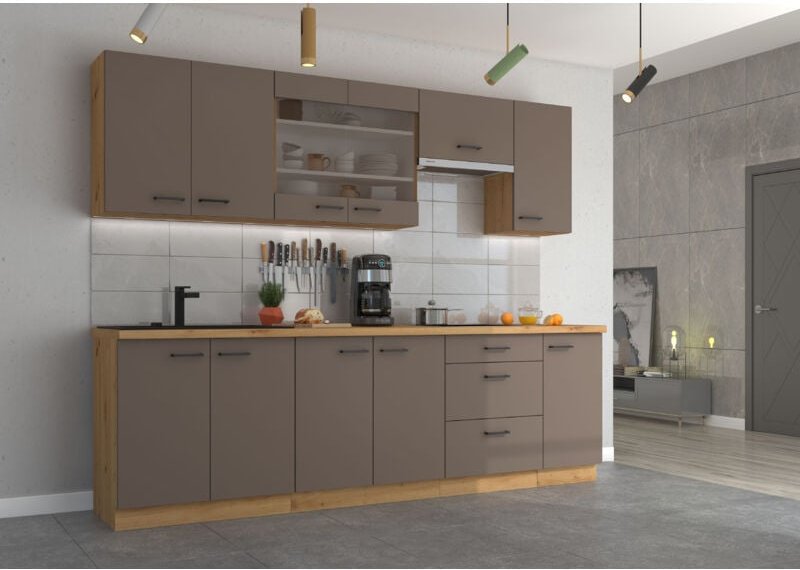 Küchenmöbel-Set Napolla 260 Küche mit Hängeschränken Trüffelgrau - Furnix