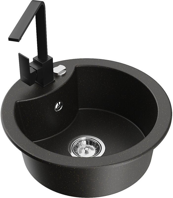 Diego 1-Becken-Granit-Spüle mit Mischbatterie Rita, Schwarz/Gold metallisch - 6512-75-670300-70 - Mexen