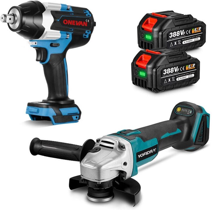 Onevan - 2er--1800nm 1/2' Drehschlagschrauber Elektroschrauber + 125mm Winkelschleifer mit 2 Batterie