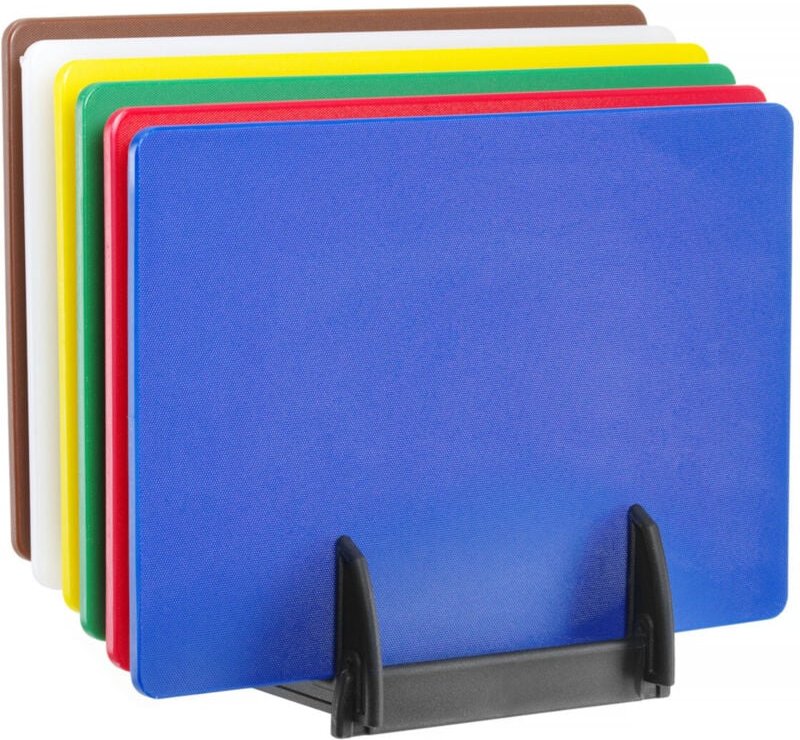 Hendi - Set aus 6 HACCP-Schneidebrettern inkl. Rack, 6 Stk., 450x300x(H)10mm