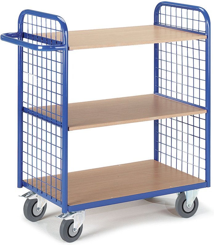 Etagenwagen mit 2 Gitterwänden 1070mm hoch und 3 Ladeflächen 800x500mm im Buchendekor ohne Rand