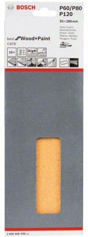 Schleifblatt C470, 10er-Pack, 8 Löcher, gespannt, 93 x 230 mm, 60, 80, 120 - Bosch