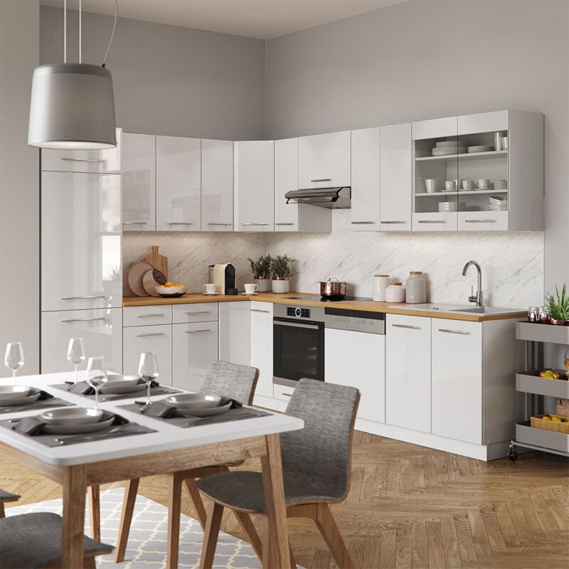 Vicco - Eckküche Fame-Line, Weiß Hochglanz/Weiß, 227 x 287 cm , ap Marmor