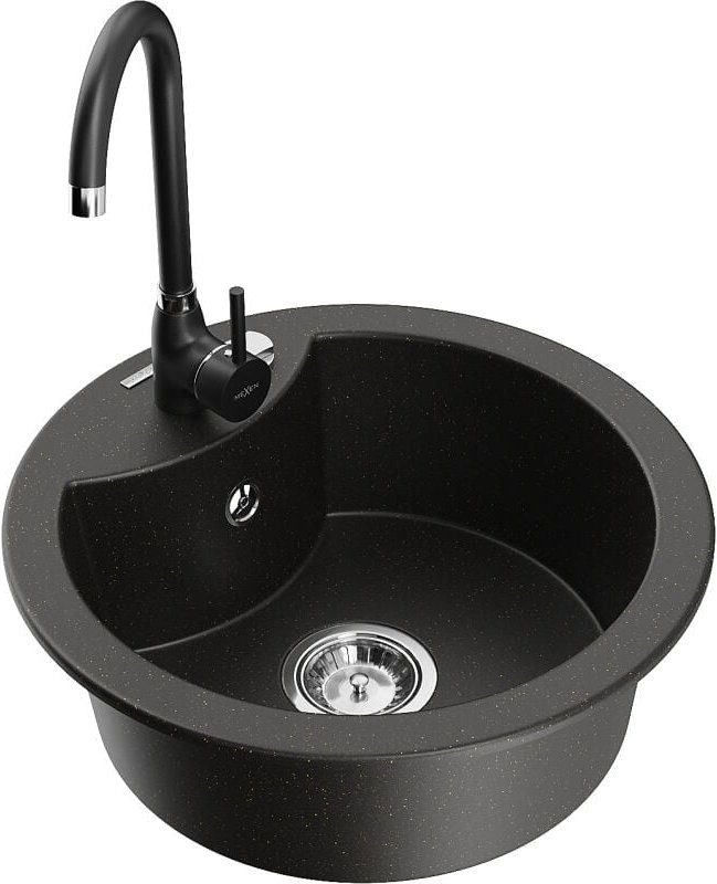 Mexen Diego Granitspüle 1-Becken mit Küchenarmatur Telma, schwarz/gold - 6512-75-670200-70