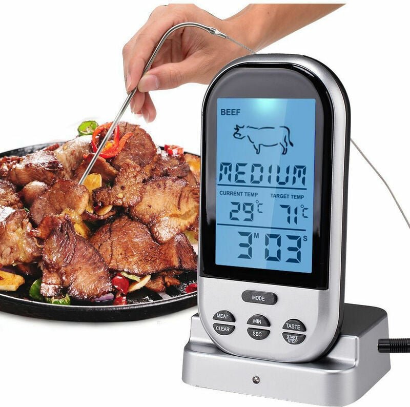 Digitales Fleischthermometer, kabelloses Lebensmittelthermometer mit Fernbedienung für Fisch, Fleisch, Timer, Räucherofe...