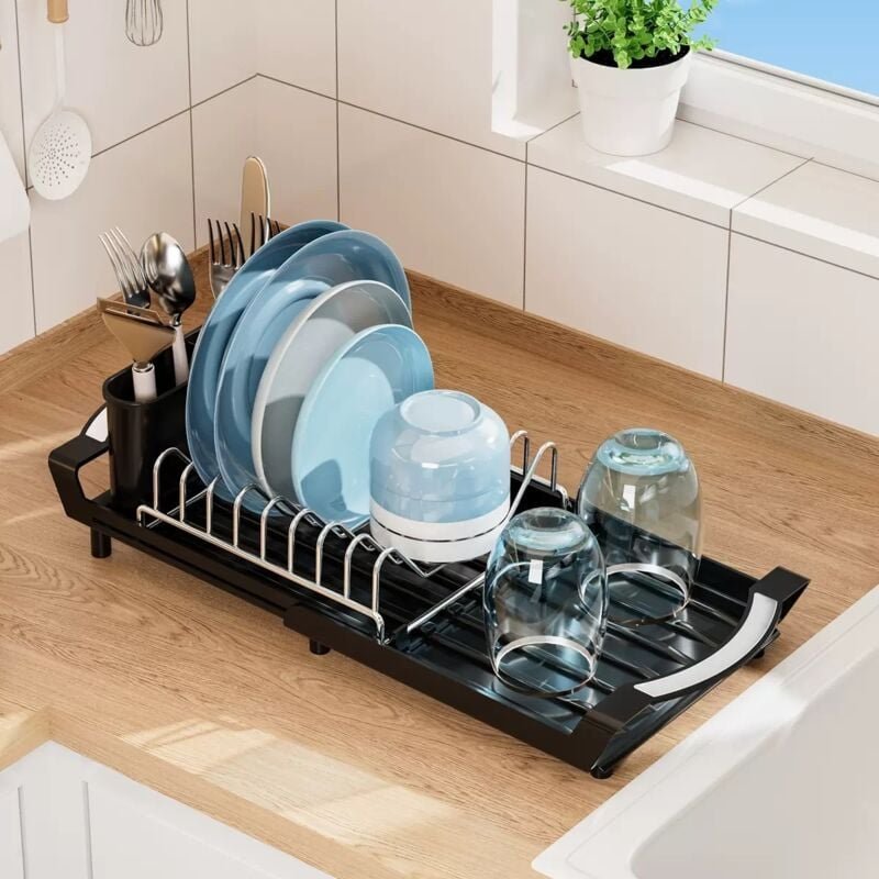 Jalleria - Kompaktes und ausziehbares Abtropfgestell mit Besteckabtropffläche und Edelstahl-Tropfschale / 28-47 cm (Schw...