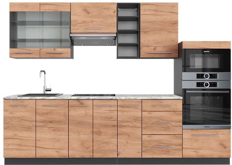 Vicco - Küchenzeile Fame-Line, Goldkraft Eiche/Anthrazit, 280 cm , ap Marmor