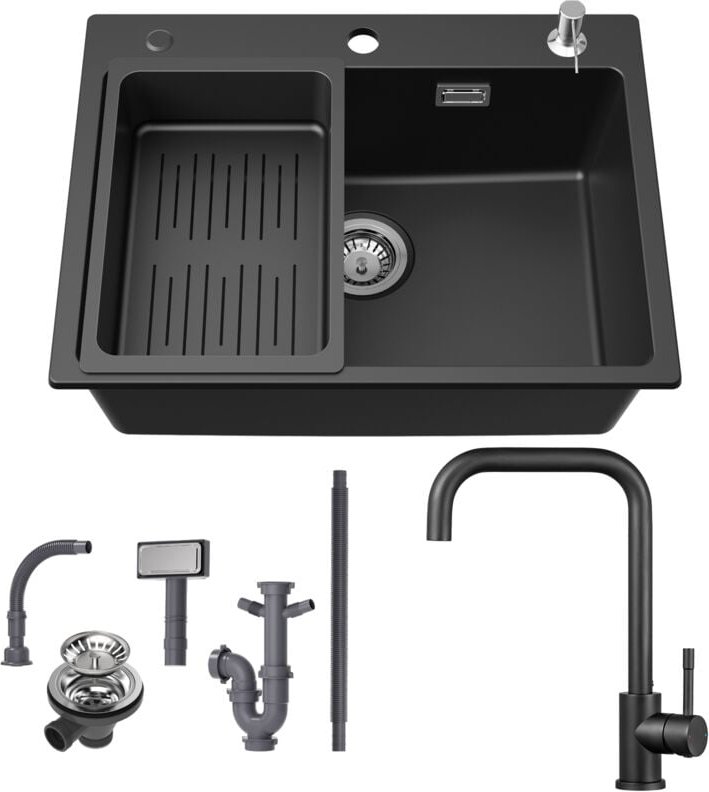 Granitspüle 60×45 cm Küchenspüle Granit + Hochdruck Küchenarmatur, Aufsatz Spüle mit Abtropfkorb und Seifenspender