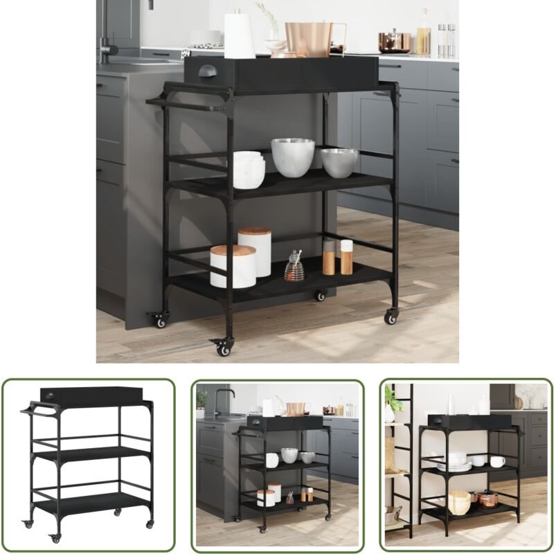 Küchenwagen Schwarz 81,5x41x92,5 cm Holzwerkstoff - Küchentisch - Küchenschrank - Kücheninsel - Rollwagen - Servierwagen...