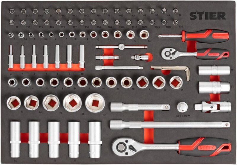 Steckschlüssel Satz, 92-teilig, 1/4 Zoll 1/2 Zoll, mit Umschaltknarren, in Weichschaumeinlage, als Einlage für den Werks...
